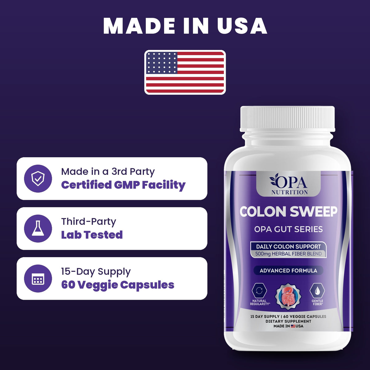 OPA Nutrition Colon Sweep quality standards: made in a GMP facility, third-party lab tested, 15-day supply