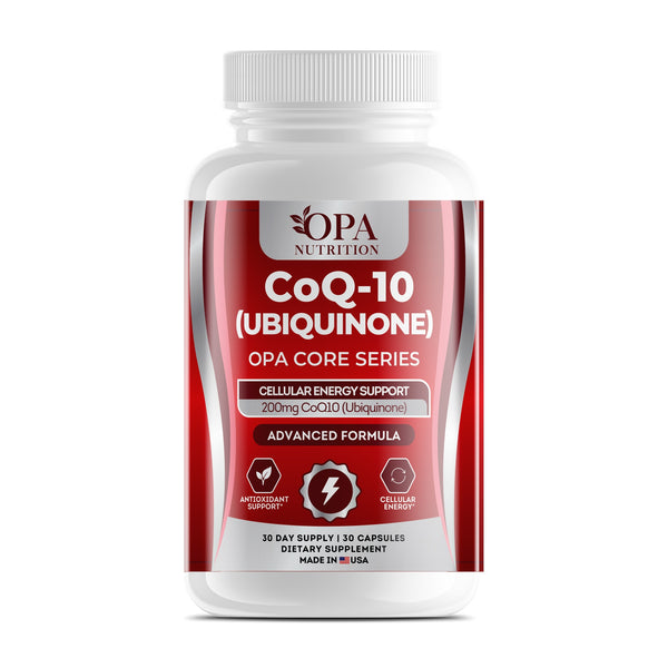 OPA Nutrition CoQ-10 capsules bottle, front label with 200 mg CoQ10 (ubiquinone)