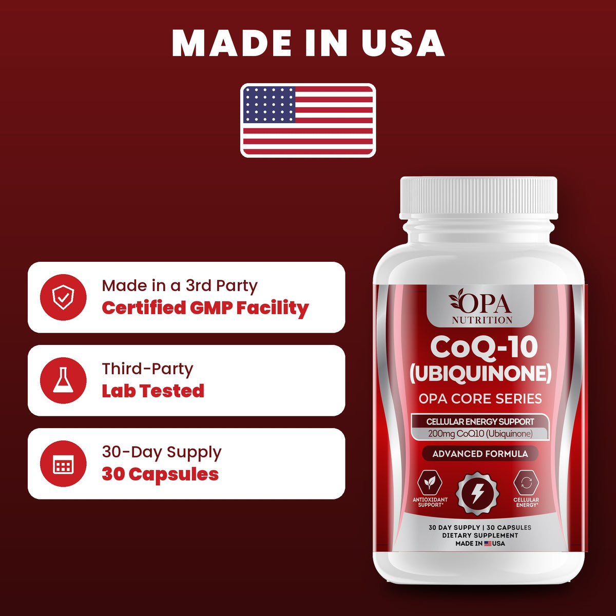 OPA Nutrition CoQ-10 quality standards: made in a GMP facility, third-party lab tested, 30-day supply
