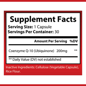OPA Nutrition CoQ-10 Supplement Facts panel showing serving size and amounts per serving