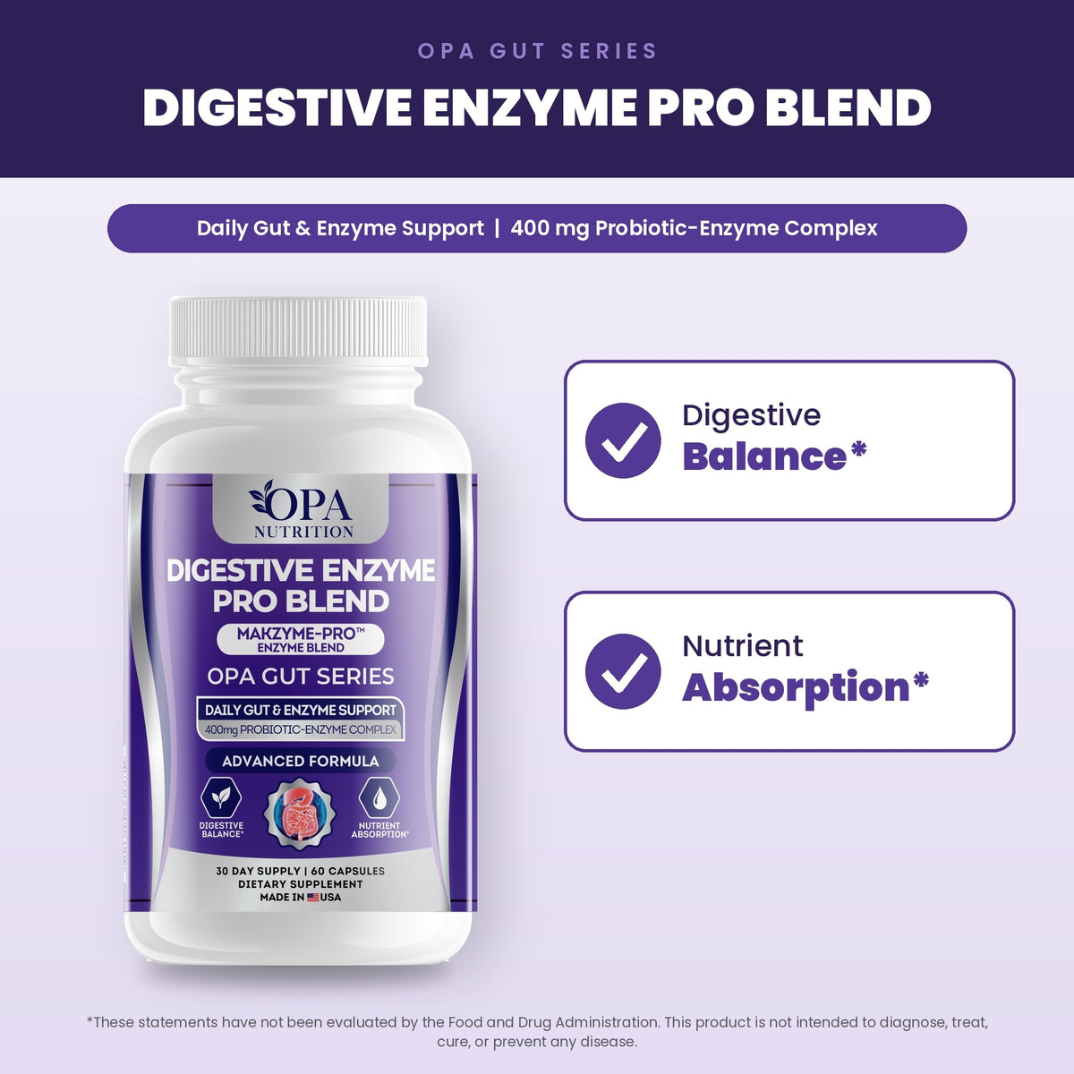 OPA Nutrition Digestive Enzyme Pro Blend benefits graphic: digestive balance and nutrient absorption