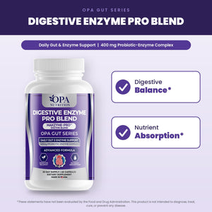 OPA Nutrition Digestive Enzyme Pro Blend benefits graphic: digestive balance and nutrient absorption
