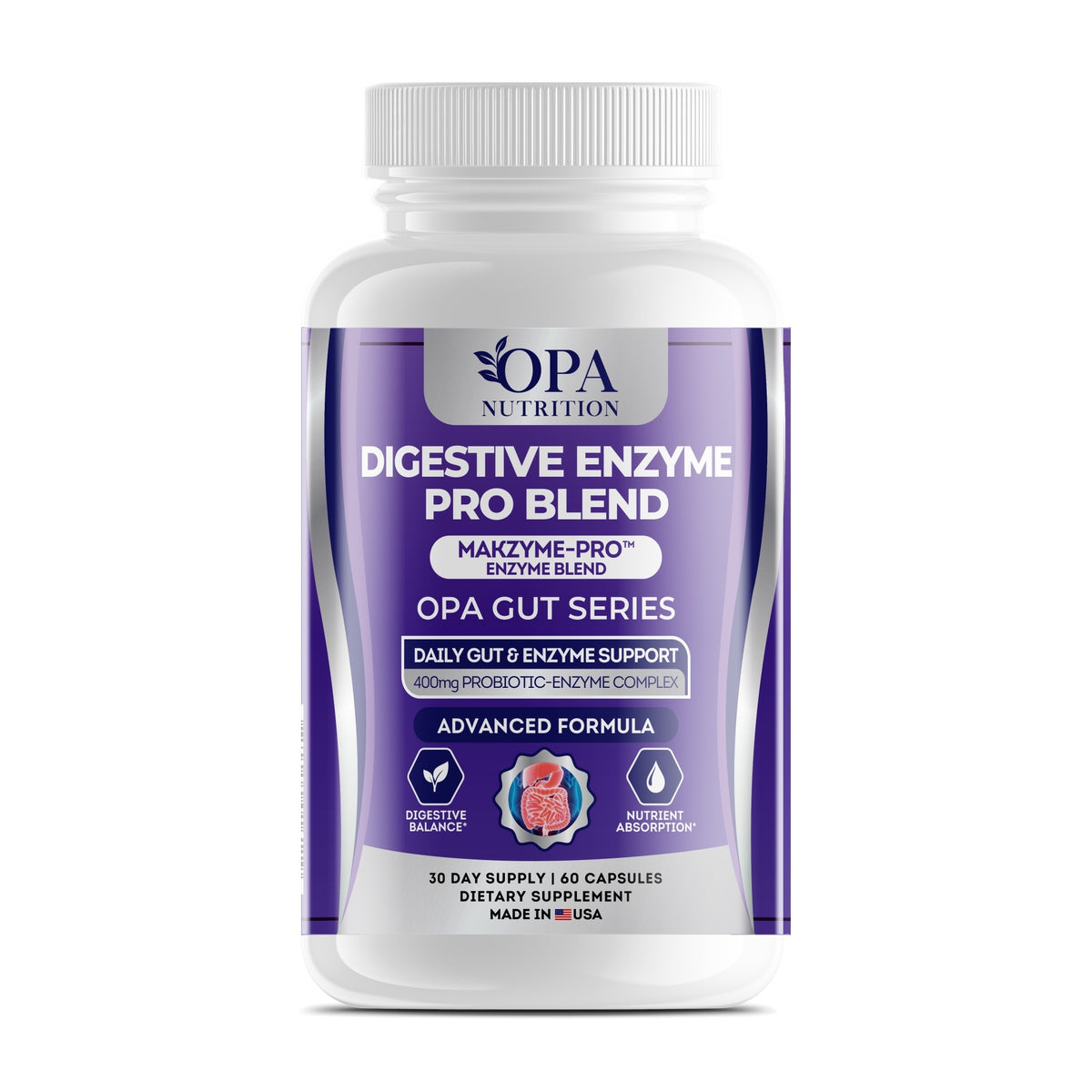 OPA Nutrition Digestive Enzyme Pro Blend capsules bottle, front label with digestive enzyme blend