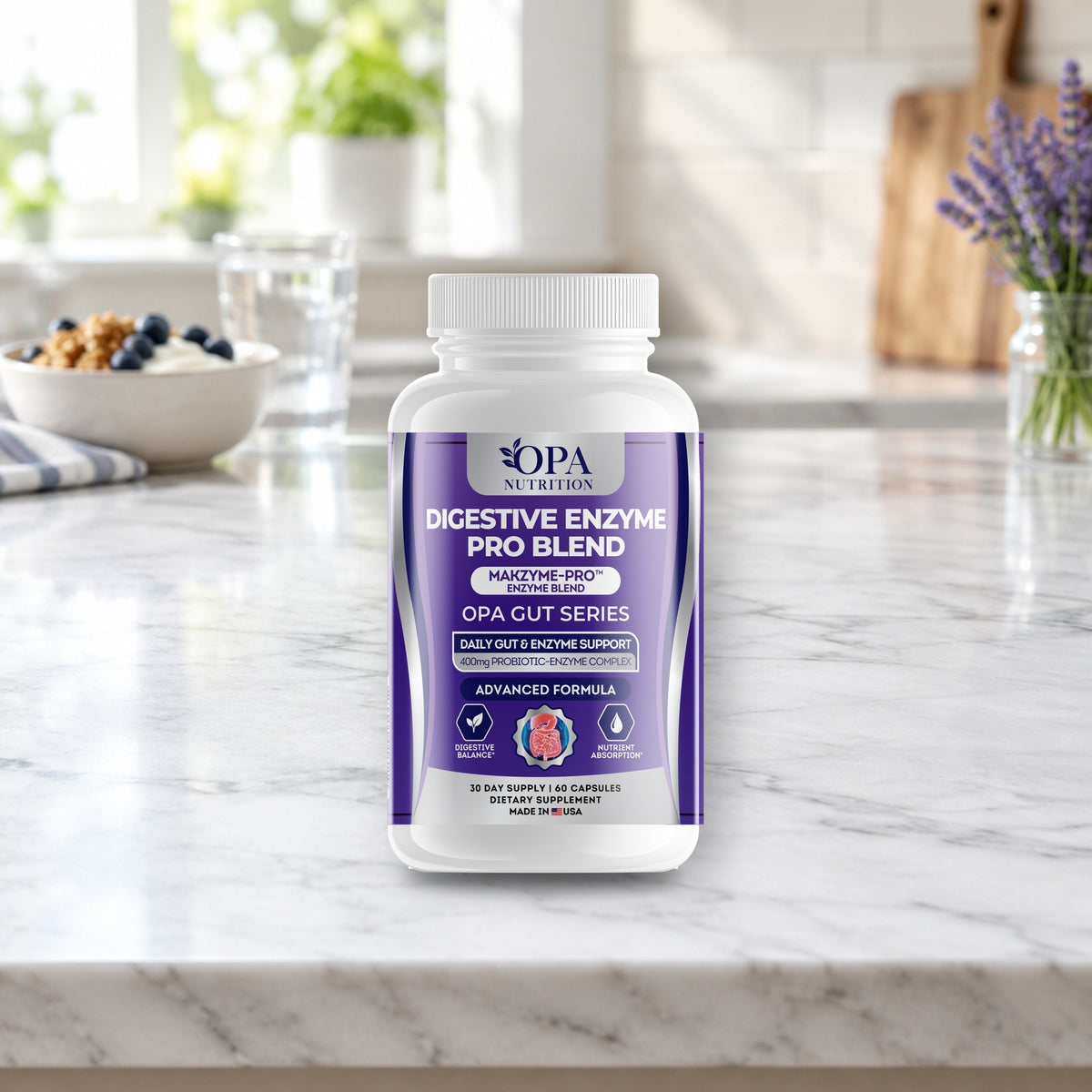 OPA Nutrition Digestive Enzyme Pro Blend capsules bottle in a daily routine setting
