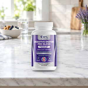 OPA Nutrition Digestive Enzyme Pro Blend capsules bottle in a daily routine setting