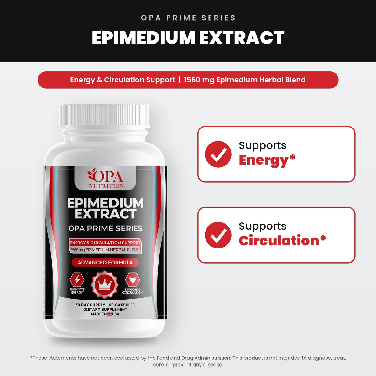 OPA Nutrition Epimedium Extract benefits graphic: supports energy and supports circulation
