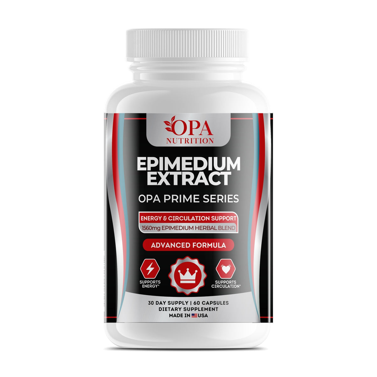 OPA Nutrition Epimedium Extract capsules bottle, front label with epimedium extract and maca root