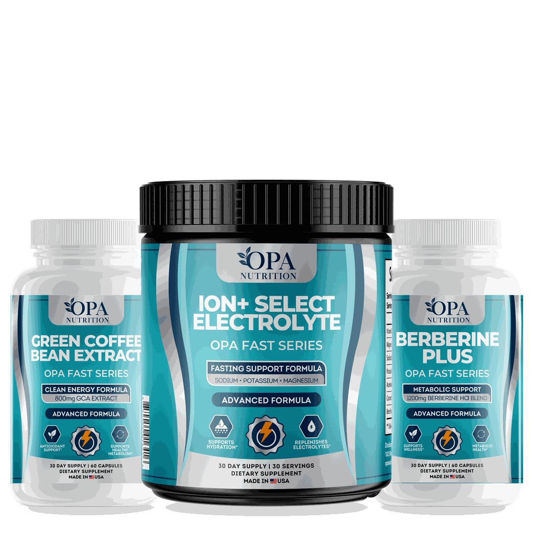 OPA Fast Series intermittent fasting support supplements: Green Coffee Bean Extract, ION+ Select Electrolyte and Berberine Plus