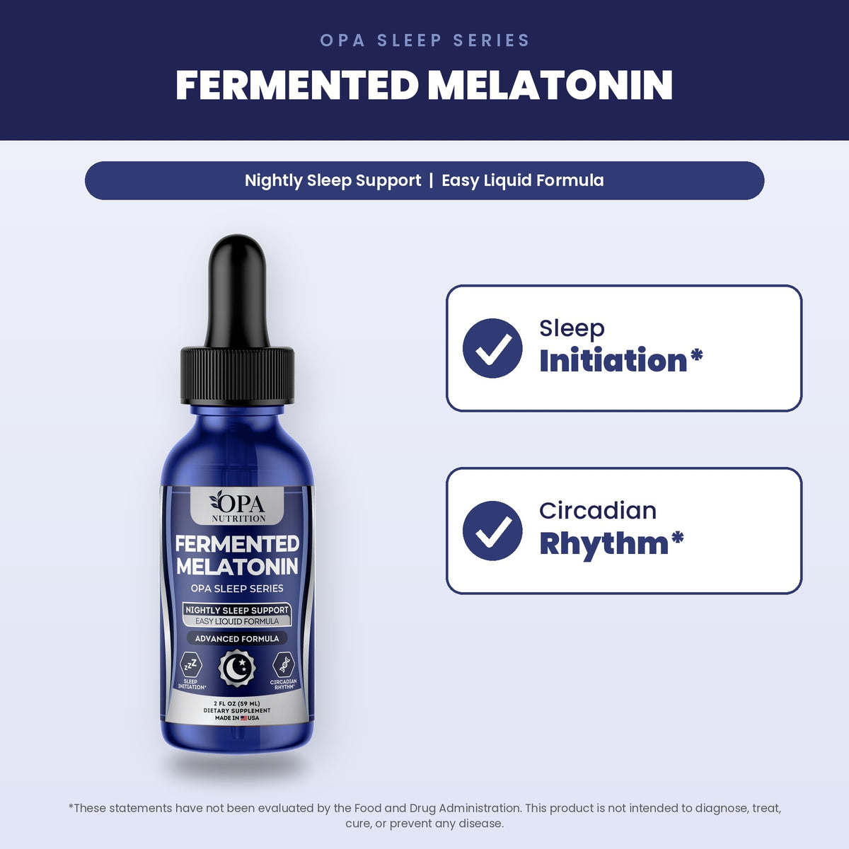 OPA Nutrition Fermented Melatonin benefits graphic: sleep initiation and circadian rhythm