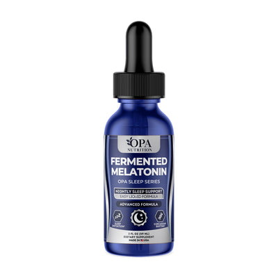 OPA Nutrition Fermented Melatonin liquid drops bottle, front label with fermented melatonin