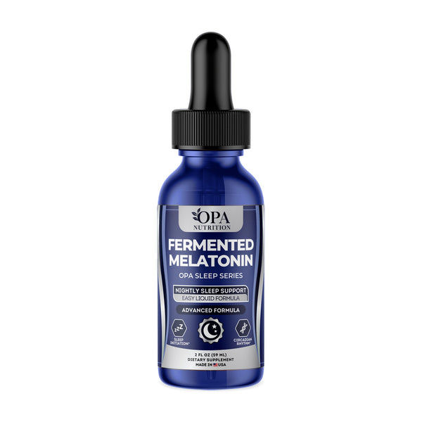 OPA Nutrition Fermented Melatonin liquid drops bottle, front label with fermented melatonin