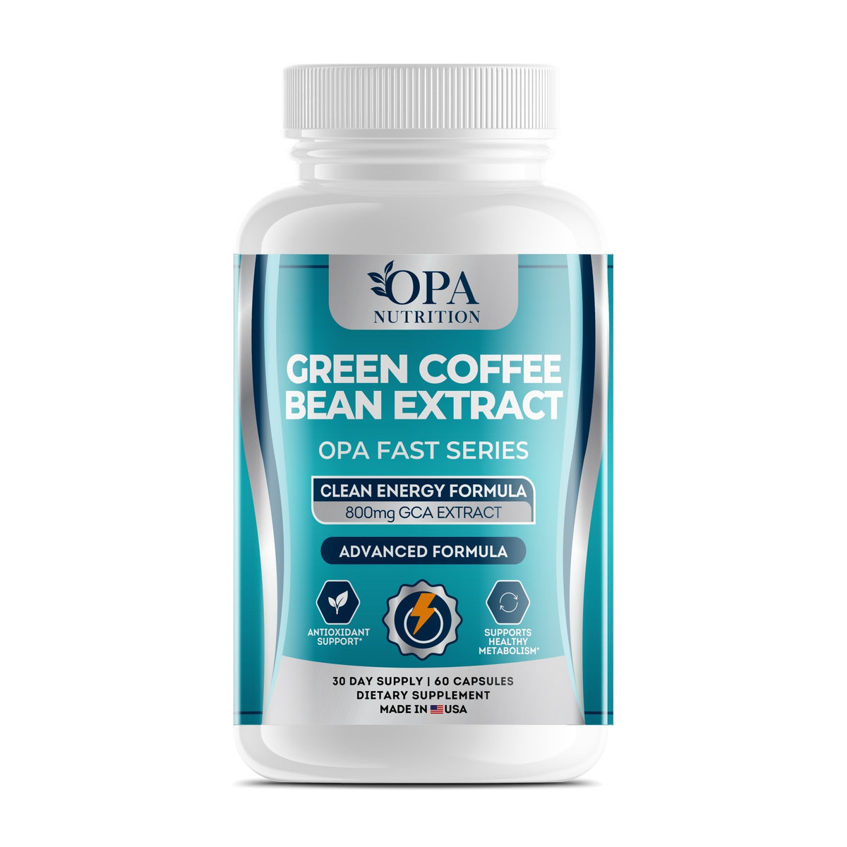 OPA Nutrition Green Coffee Bean Extract capsules bottle, front label with 800 mg green coffee bean extract