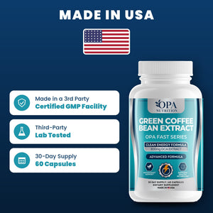 OPA Nutrition Green Coffee Bean Extract quality standards: made in a GMP facility, third-party lab tested, 30-day supply