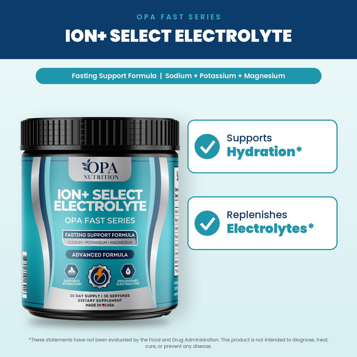 OPA Nutrition ION+ Select Electrolyte benefits graphic: supports hydration and replenishes electrolytes