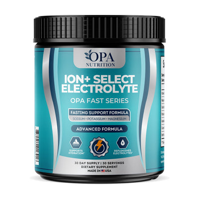 OPA Nutrition ION+ Select Electrolyte electrolyte powder bottle, front label with sodium, potassium and magnesium