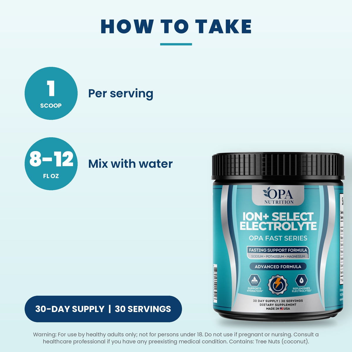 OPA Nutrition ION+ Select Electrolyte suggested use directions for electrolyte powder