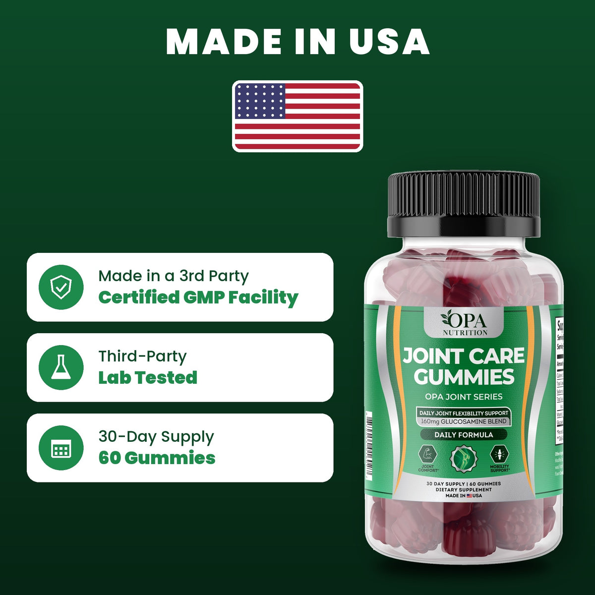 OPA Nutrition Joint Care Gummies quality standards: made in a GMP facility, third-party lab tested, 30-day supply