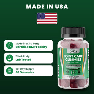 OPA Nutrition Joint Care Gummies quality standards: made in a GMP facility, third-party lab tested, 30-day supply