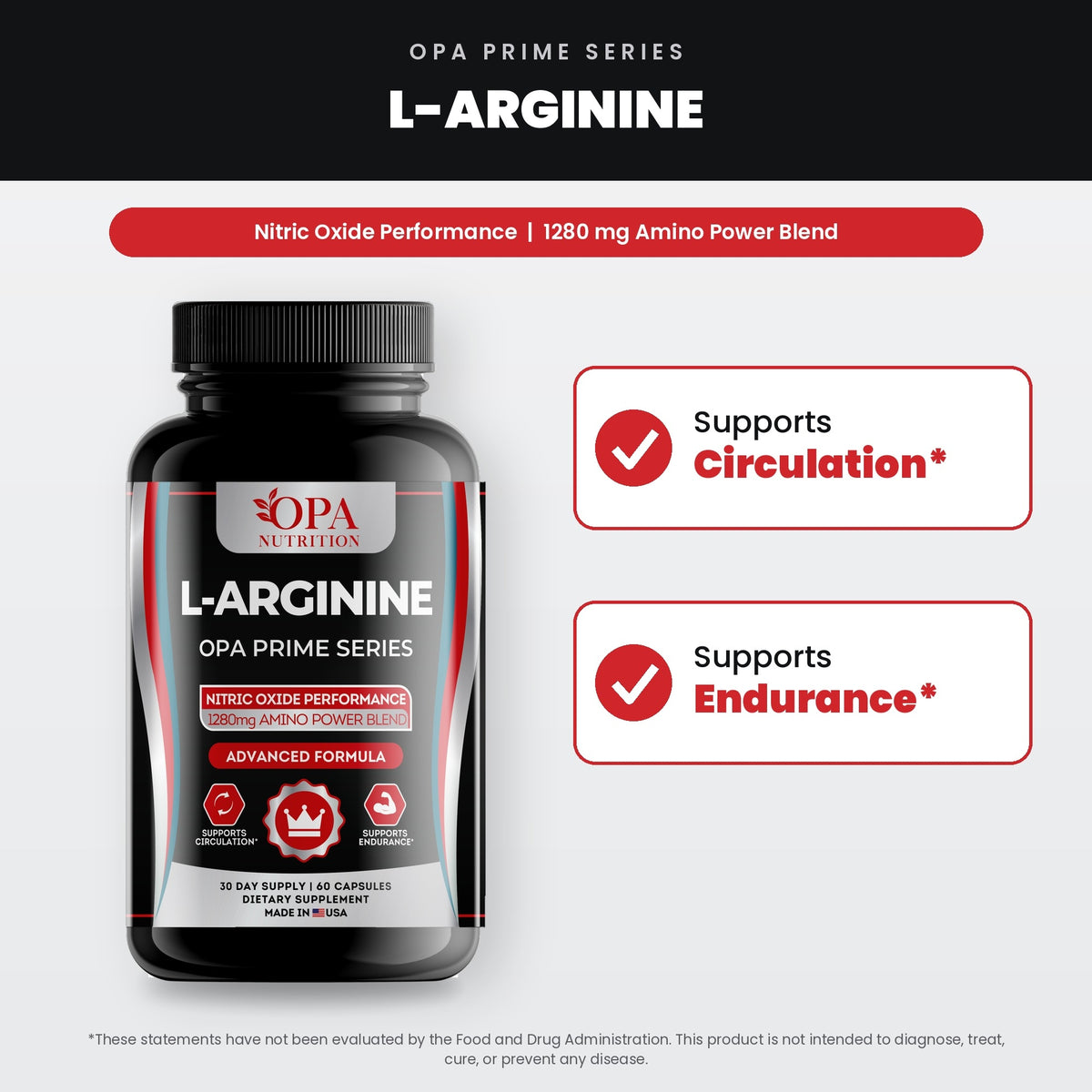 OPA Nutrition L-Arginine benefits graphic: supports circulation and supports endurance