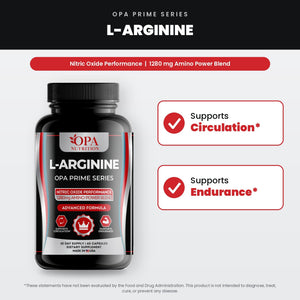 OPA Nutrition L-Arginine benefits graphic: supports circulation and supports endurance