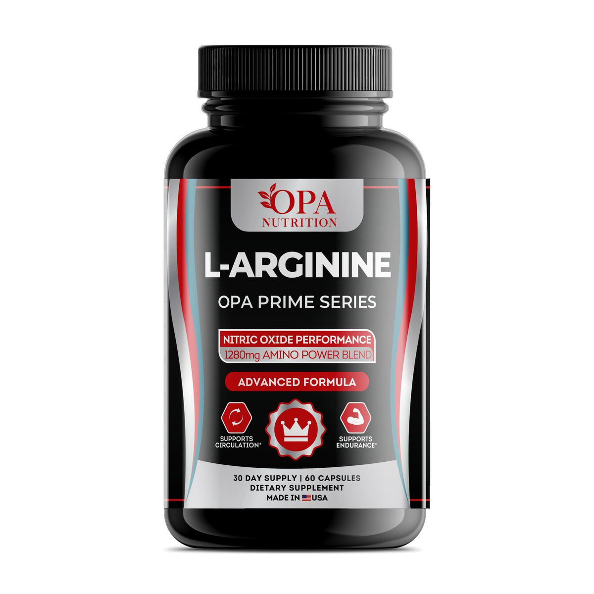 OPA Nutrition L-Arginine capsules bottle, front label with L-arginine and L-citrulline