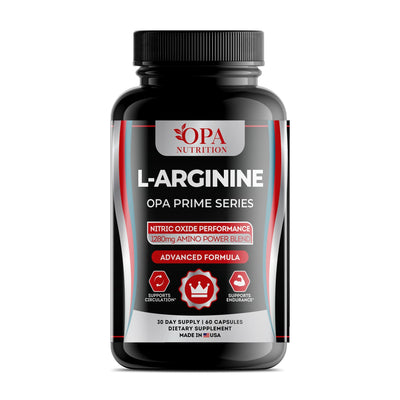 OPA Nutrition L-Arginine capsules bottle, front label with L-arginine and L-citrulline