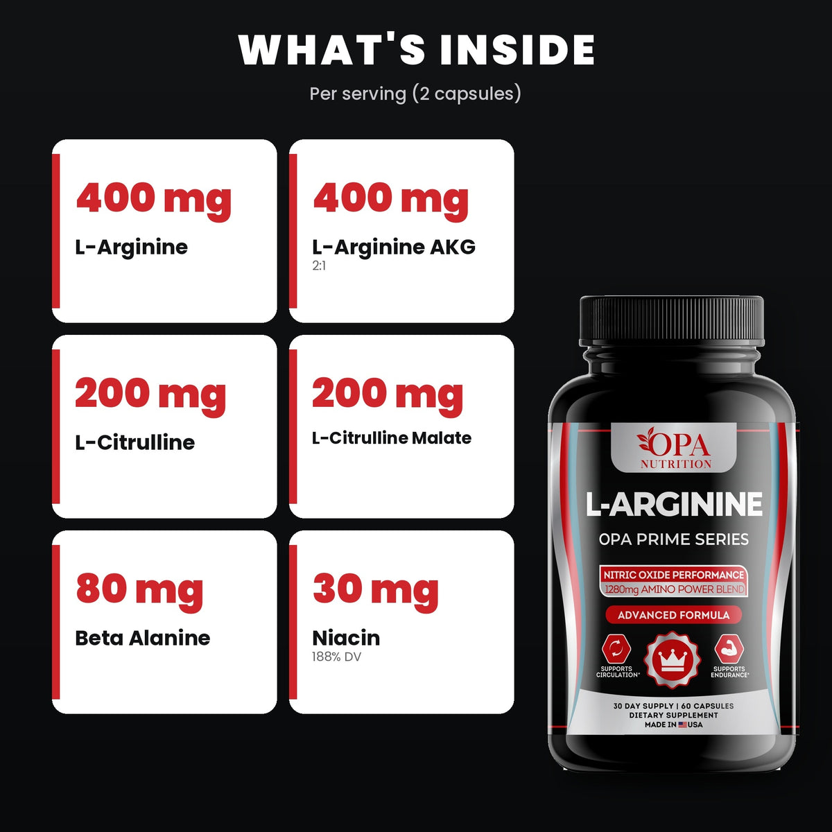 OPA Nutrition L-Arginine key ingredients: L-arginine and L-citrulline
