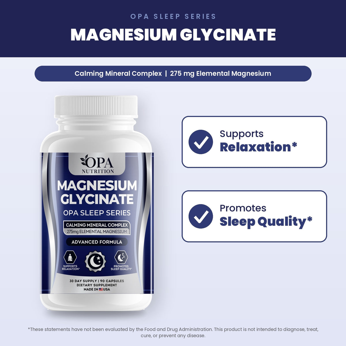 OPA Nutrition Magnesium Glycinate benefits graphic: supports relaxation and promotes sleep quality