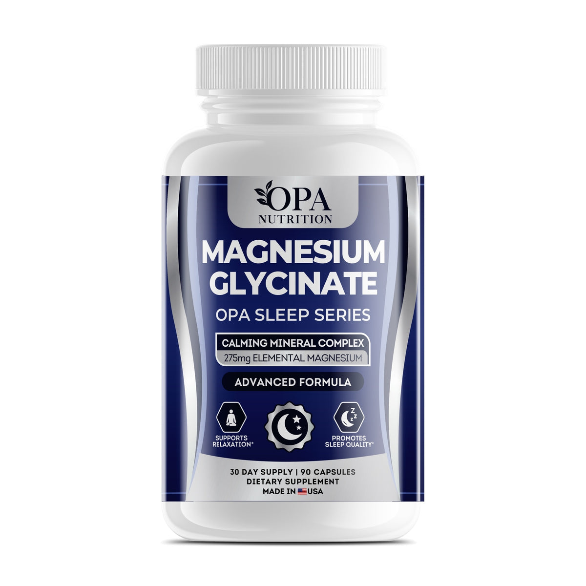 OPA Nutrition Magnesium Glycinate capsules bottle, front label with 275 mg elemental magnesium from magnesium glycinate