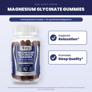 OPA Nutrition Magnesium Glycinate Gummies benefits graphic: supports relaxation and promotes sleep quality