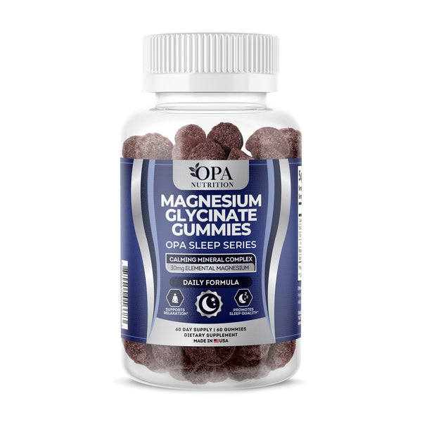 OPA Nutrition Magnesium Glycinate Gummies bottle, front label with magnesium glycinate