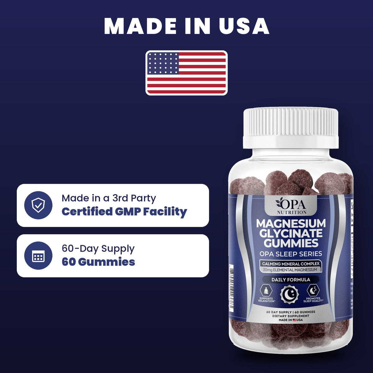 OPA Nutrition Magnesium Glycinate Gummies quality standards: made in a GMP facility, 60-day supply