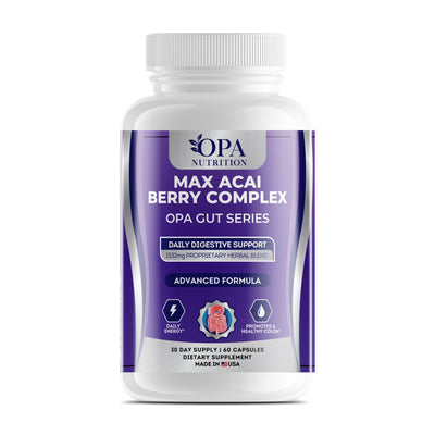 OPA Nutrition Max Acai Berry Complex capsules bottle, front label with acai berry, psyllium and inulin