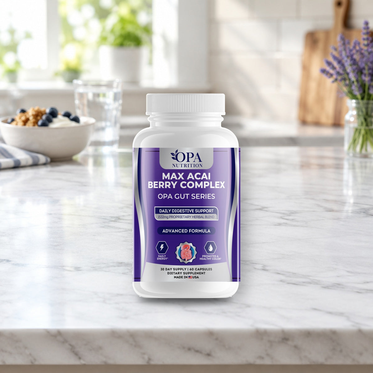 OPA Nutrition Max Acai Berry Complex capsules bottle in a daily routine setting