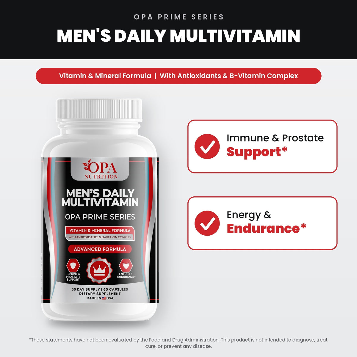 OPA Nutrition Men's Daily Multivitamin benefits graphic: immune & prostate support and energy & endurance