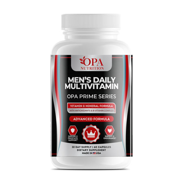 OPA Nutrition Men's Daily Multivitamin capsules bottle, front label with vitamins, minerals and antioxidants