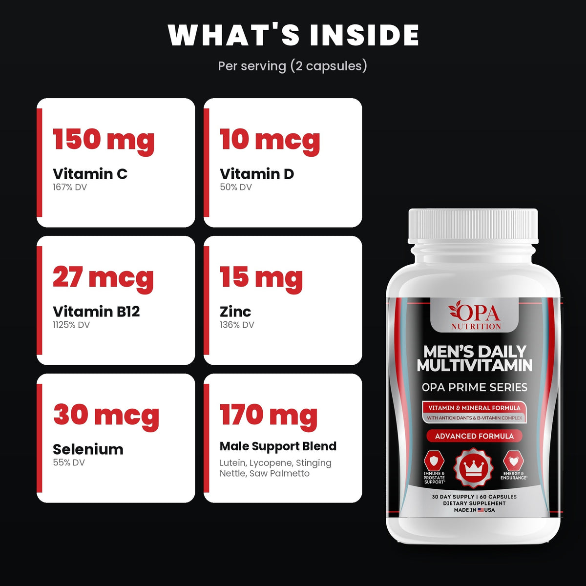 OPA Nutrition Men's Daily Multivitamin key ingredients: vitamins, minerals and antioxidants