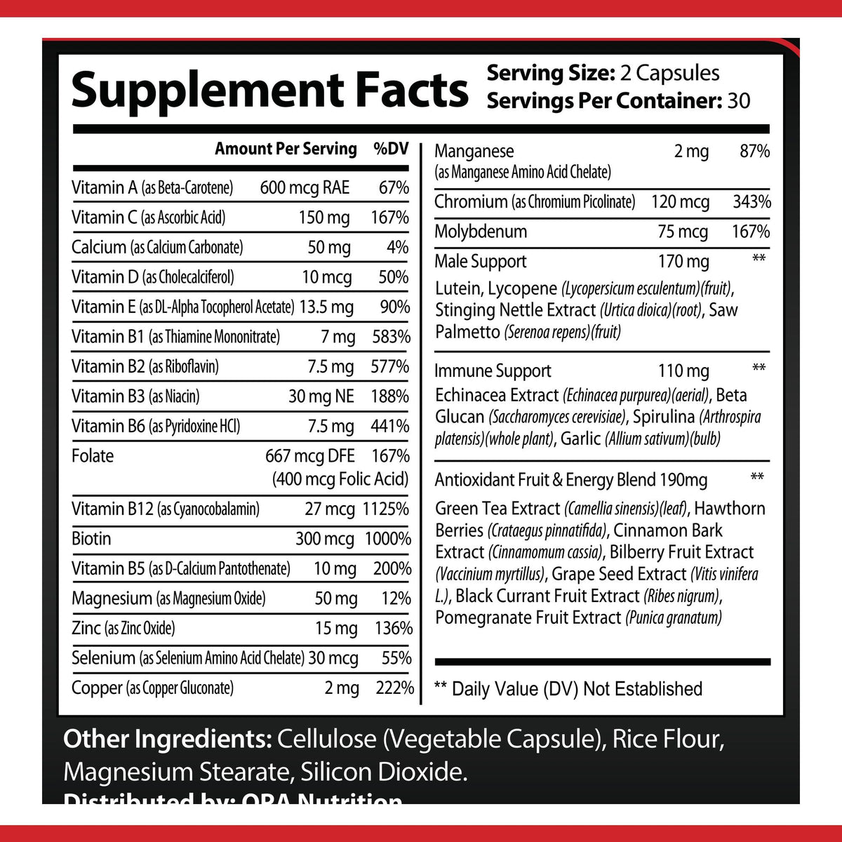 OPA Nutrition Men's Daily Multivitamin Supplement Facts panel showing serving size and amounts per serving