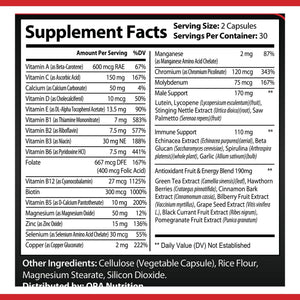 OPA Nutrition Men's Daily Multivitamin Supplement Facts panel showing serving size and amounts per serving