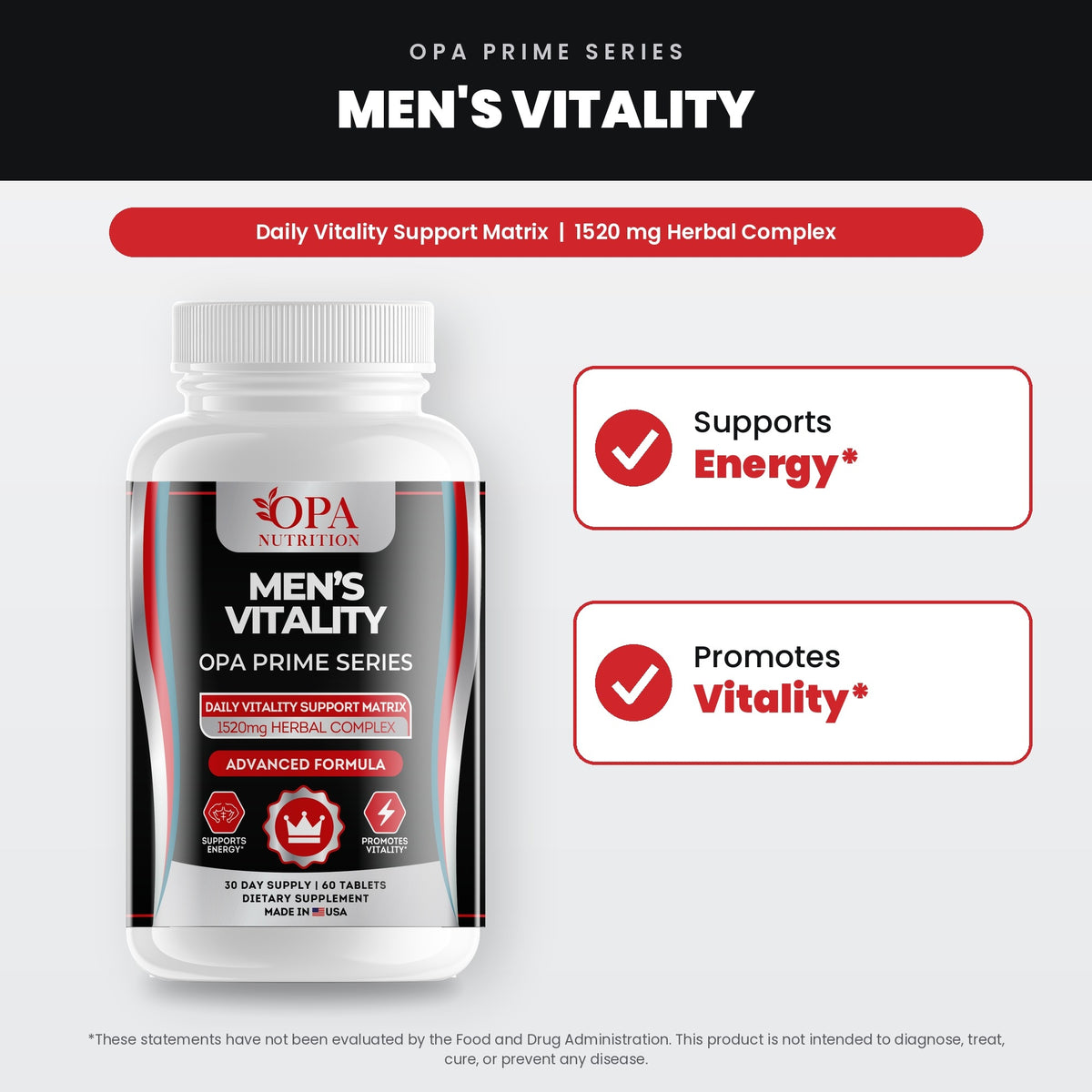 OPA Nutrition Men's Vitality benefits graphic: supports energy and promotes vitality