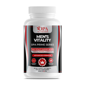 OPA Nutrition Men's Vitality tablets bottle, front label with tongkat ali and maca