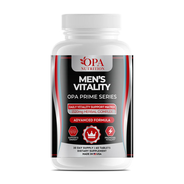 OPA Nutrition Men's Vitality tablets bottle, front label with tongkat ali and maca
