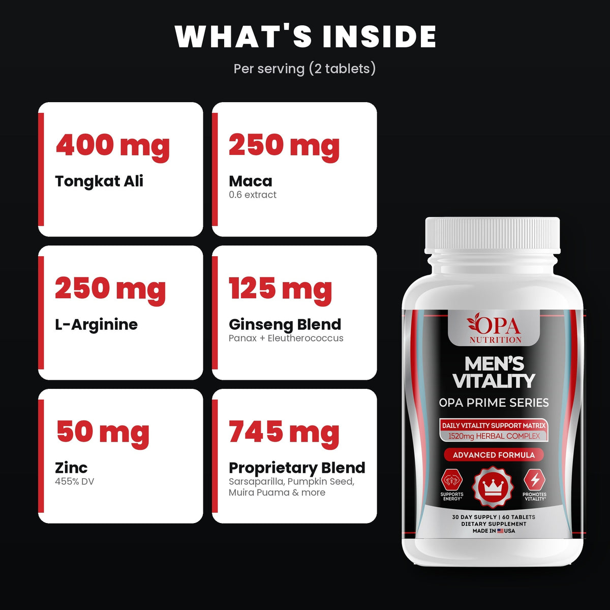OPA Nutrition Men's Vitality key ingredients: tongkat ali and maca