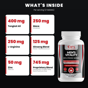 OPA Nutrition Men's Vitality key ingredients: tongkat ali and maca