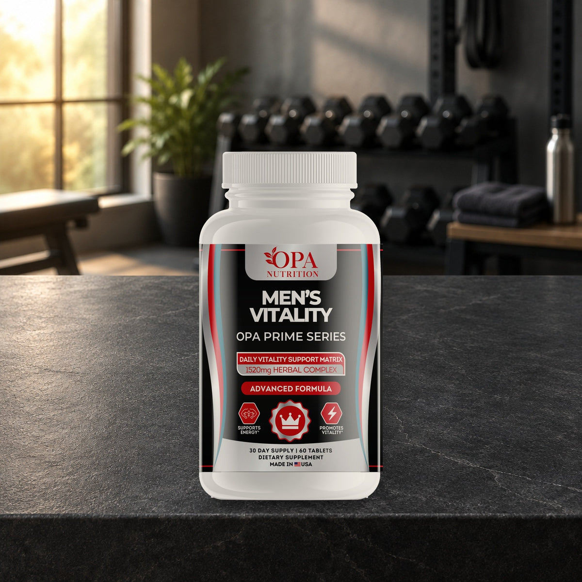 OPA Nutrition Men's Vitality tablets bottle in a daily routine setting