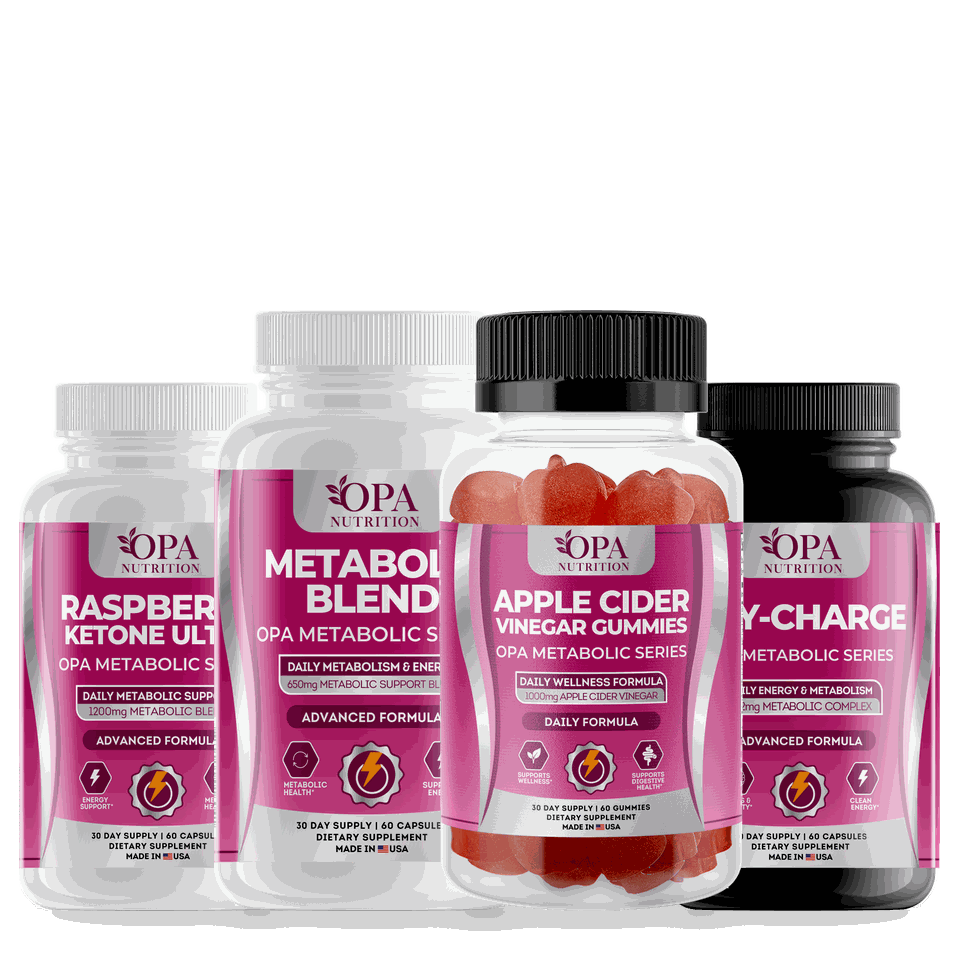 OPA Metabolic Series supplements: Raspberry Ketone Ultra, Metabolic Blend, Apple Cider Vinegar Gummies and Oxy-Charge
