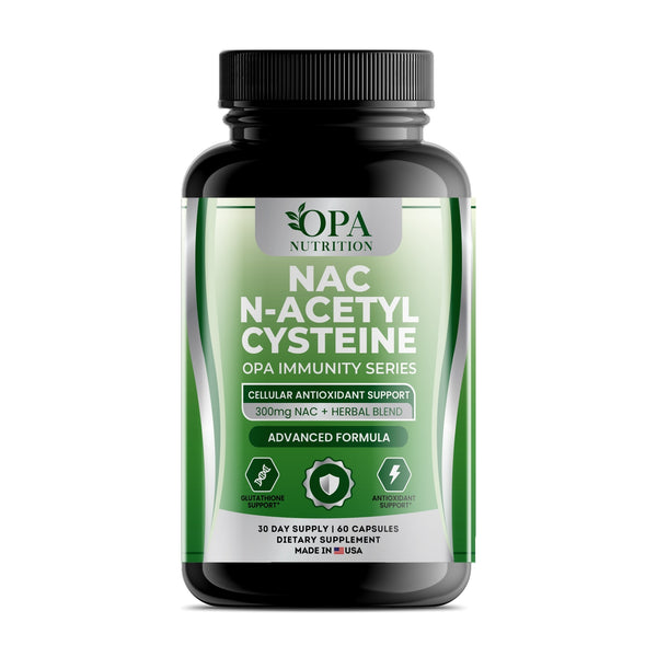 OPA Nutrition NAC N-Acetyl Cysteine capsules bottle, front label with 300 mg NAC with turmeric, milk thistle and green tea