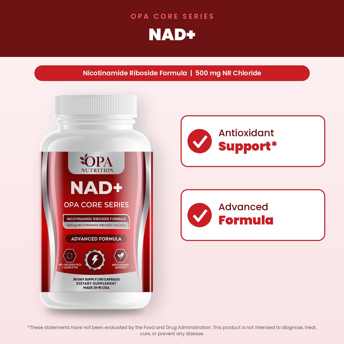 OPA Nutrition NAD+ benefits graphic: antioxidant support and advanced formula