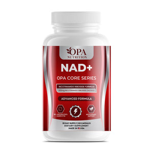 OPA Nutrition NAD+ capsules bottle, front label with 500 mg nicotinamide riboside chloride
