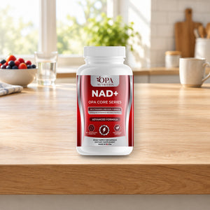 OPA Nutrition NAD+ capsules bottle in a daily routine setting